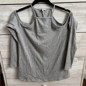 Charlotte Russe Gray Ribbed Long Sleeve Cold Shoulder Sweater